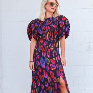 FARM RIO Black Iridescent Leopards Slit Midi Dress Brand New w/ tags Size M